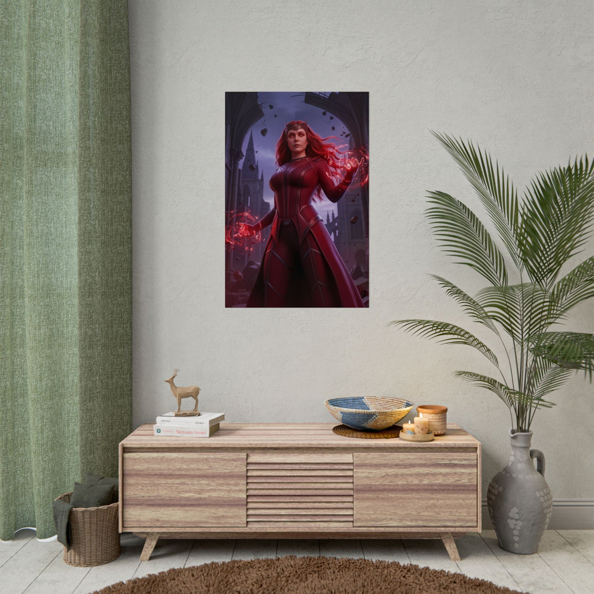 Scarlet Witch Poster, Marvel Art Print – Mystic Superhero Wall Art hanging above a console in a modern gamer room with mystical red energy effects