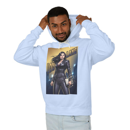 Lois Lane Hoodie | DC Comics Hoodie | Fearless Reporter Pullover - model wearing light blue hoodie with Lois Lane graphic, relaxed fit cotton pullover
