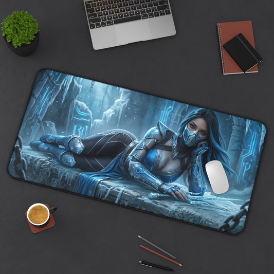 Frost Gaming Mouse Pad, Mortal Kombat Desk Mat, Ice Fighter Girl Setup featuring cryomancer artwork on a large gaming desk mat