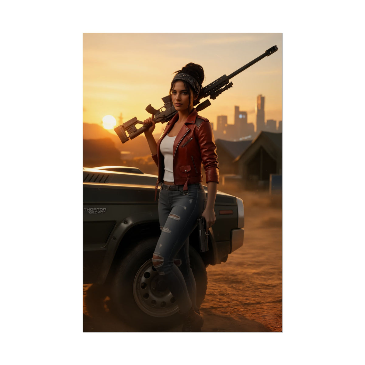 Panam Palmer Poster, Cyberpunk 2077 Art Print, Iconic Nomad Character - confident nomad with rifle against sunset city skyline