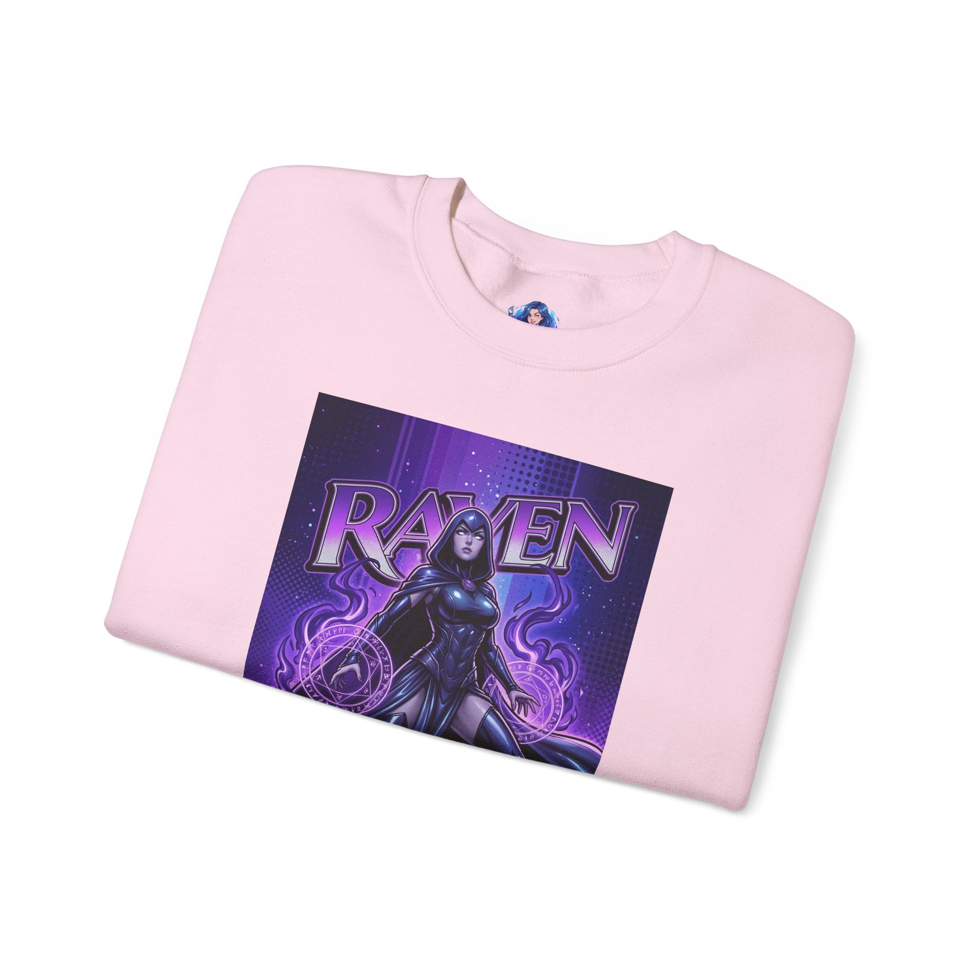 Raven Sweatshirt, DC Comics Art Print Style, Premium Mystic Apparel - folded pink crewneck with anime-inspired Raven art, glowing arcane symbols