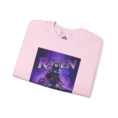 Raven Sweatshirt, DC Comics Art Print Style, Premium Mystic Apparel - folded pink crewneck with anime-inspired Raven art, glowing arcane symbols