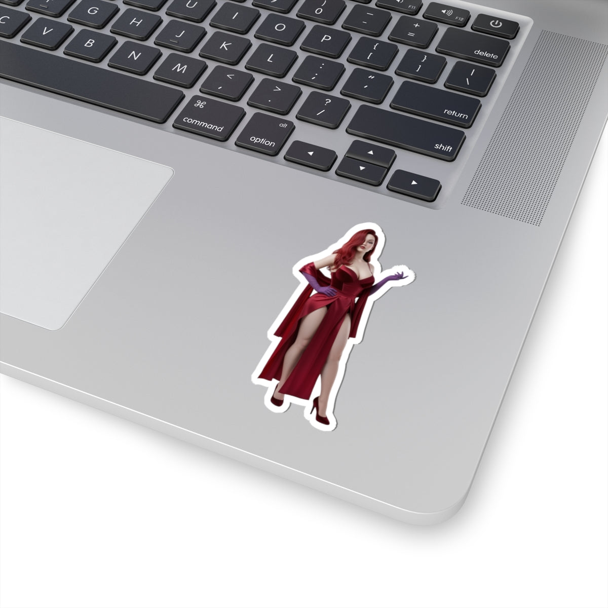 Jessica Rabbit Sticker – Iconic Cartoon Vinyl Sticker for Laptops & Indoor Decor on silver laptop showing glossy die-cut vinyl sticker with bold red dress