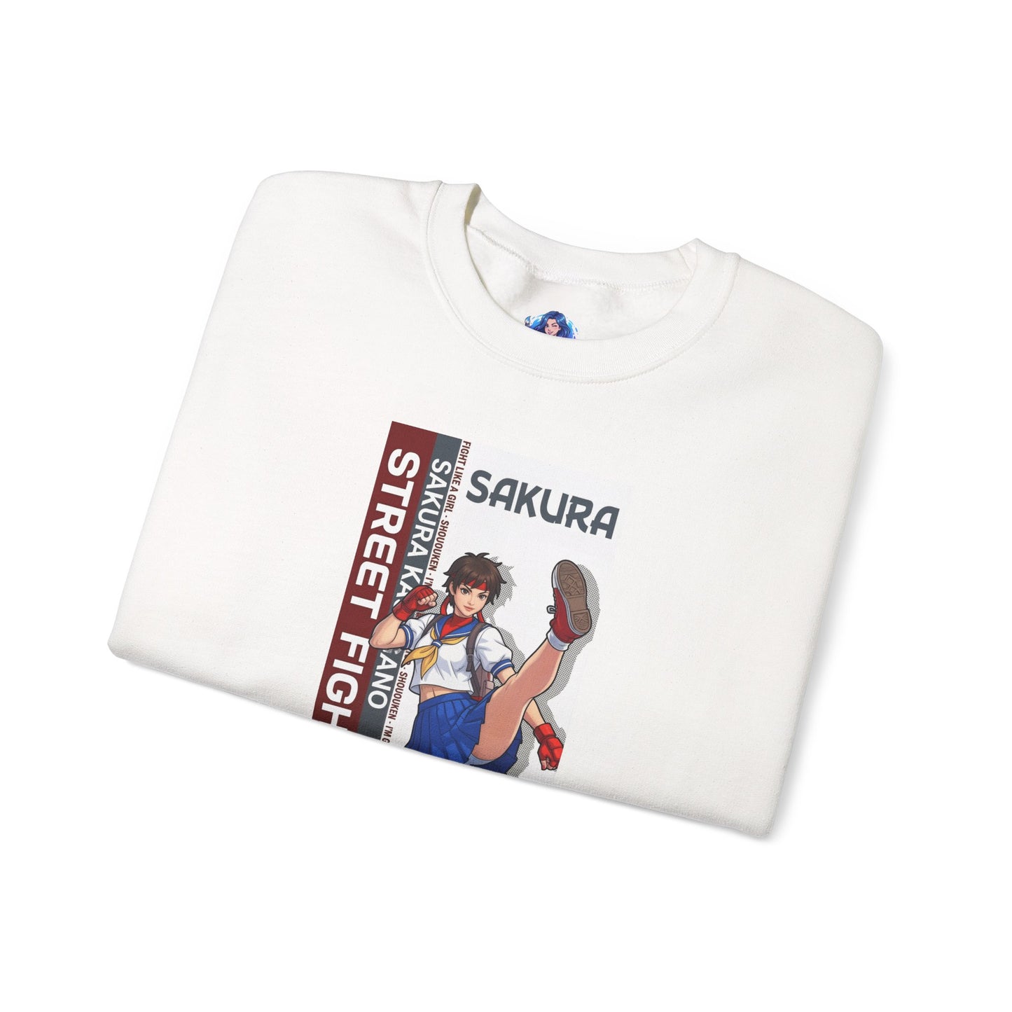 Sakura Sweatshirt, Street Fighter Crewneck, Classic Fighting Game Apparel for Fans - white folded crewneck with Sakura artwork