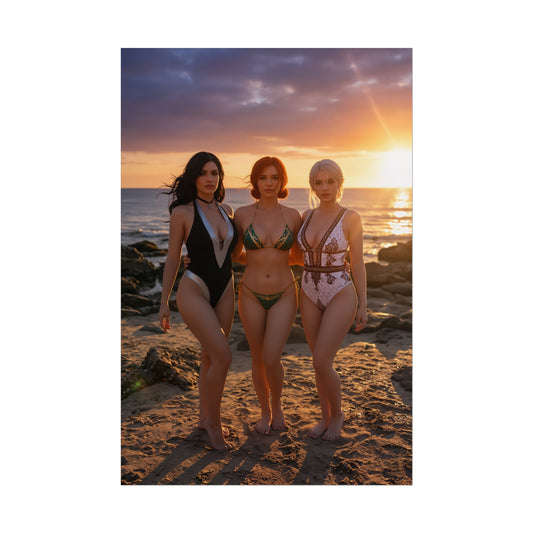 Ciri Yennefer Triss Poster, The Witcher Art Print – Iconic Fantasy Trio beach sunset photo of three heroines in swimsuits for gaming room wall art