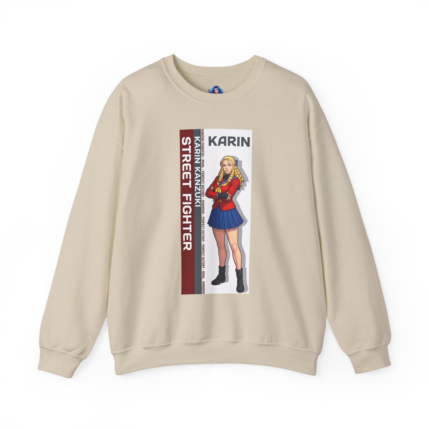 Karin Sweatshirt, Street Fighter Crewneck, Elegant Fighting Game Apparel for Fans - beige crewneck with Karin illustration