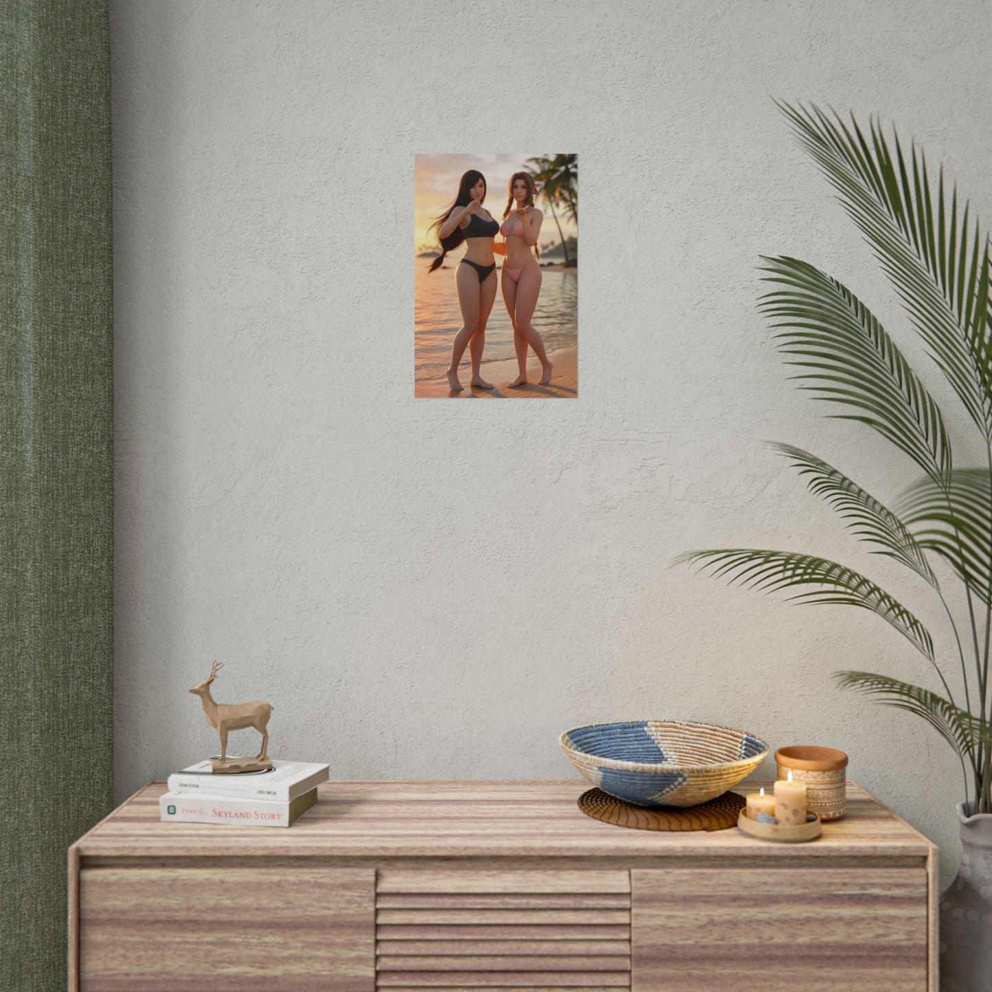 Tifa Aerith Poster, Final Fantasy Art Print – RPG Heroine Gift on beach-themed wall above console, collectors’ JRPG decor