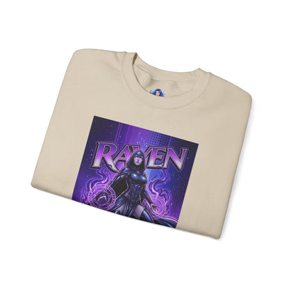 Raven Sweatshirt, DC Comics Art Print Style, Premium Mystic Apparel — folded cream crewneck with purple anime-style Raven art