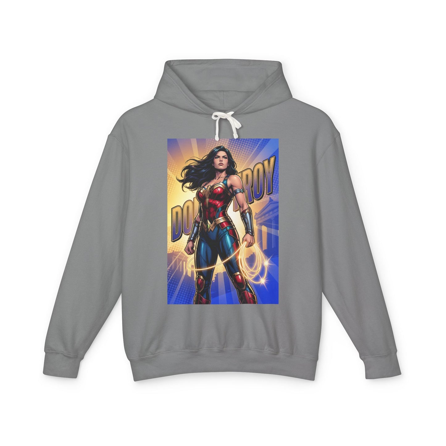 Donna Troy Hoodie | DC Superhero Hoodie | Amazon Legacy Pullover — gray Donna Troy streetwear pullover with warrior artwork, cotton blend comfort