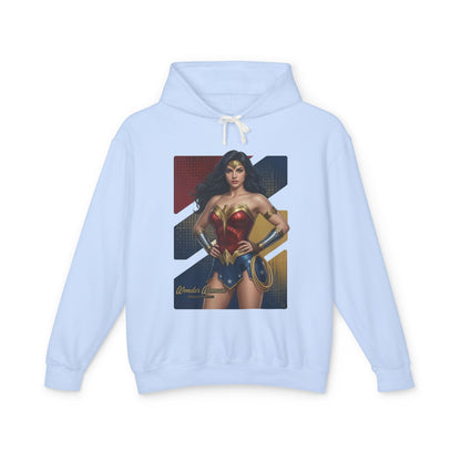 Wonder Woman Hoodie | DC Comics Hoodie | Anime Warrior Goddess Pullover featuring anime-style Wonder Woman print on light blue cotton pullover