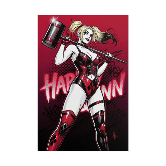 Harley Quinn Poster / Harley Quinn Wall Art / Harley Quinn Art Print / DC Comics Poster - bold red black Harley Quinn holding hammer, playful comic pose