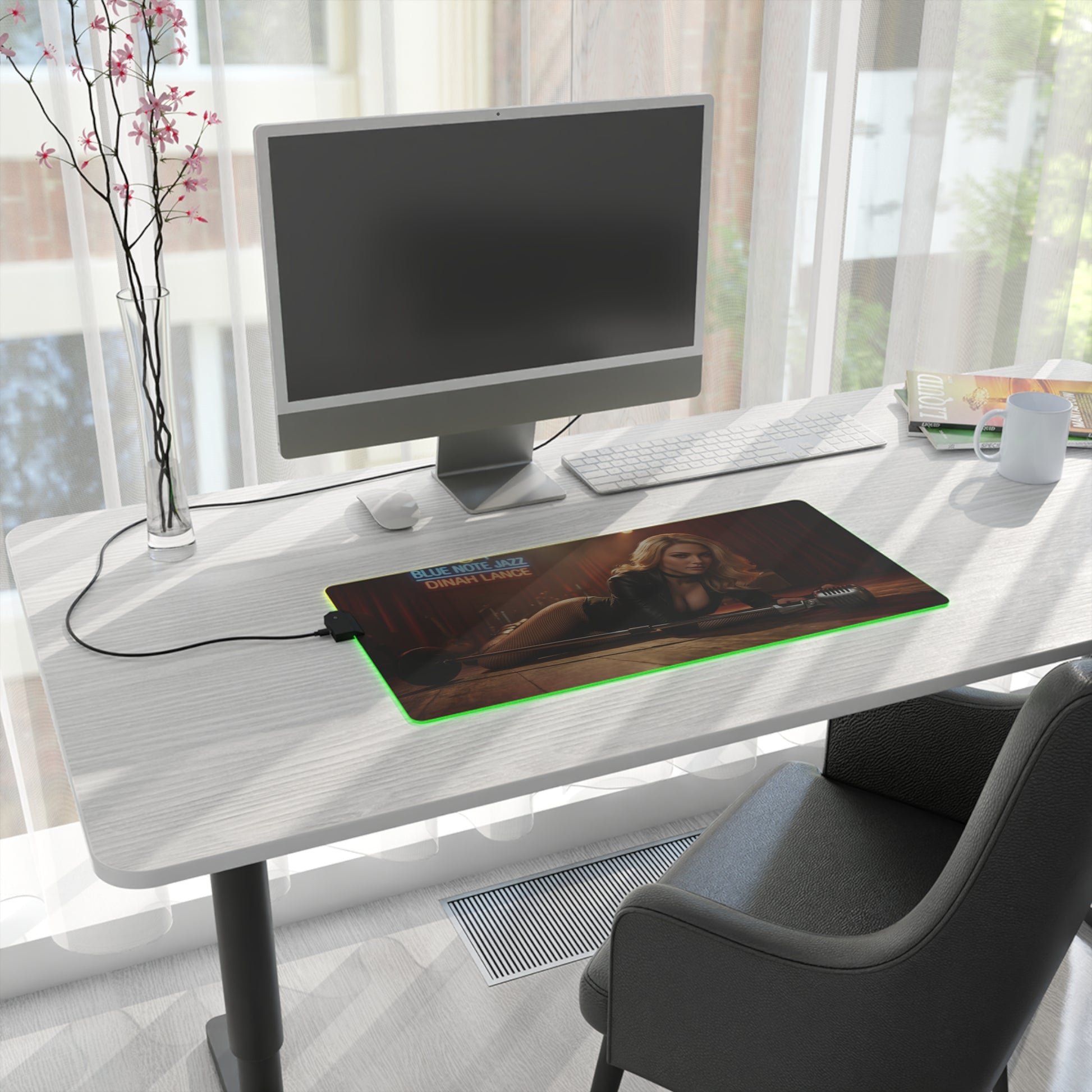 Black Canary Desk Mat – LED RGB Pad, Waifu Hero Anime Girl Setup on modern white desk with green RGB glow and monitor