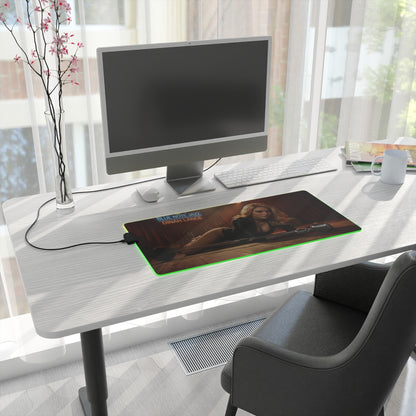 Black Canary Desk Mat – LED RGB Pad, Waifu Hero Anime Girl Setup on modern white desk with green RGB glow and monitor