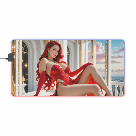 Jessica Rabbit Desk Mat – LED RGB Pad, Stylish Waifu Anime Girl Setup - red-haired waifu on large LED gaming desk mat with smooth cloth surface