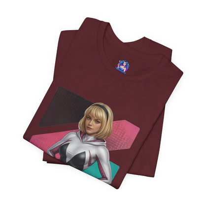 Spider-Gwen T-Shirt | Marvel Anime Tee for Gamers & Superhero Fans folded maroon Bella Canvas tee with anime-style Spider-Gwen hooded portrait