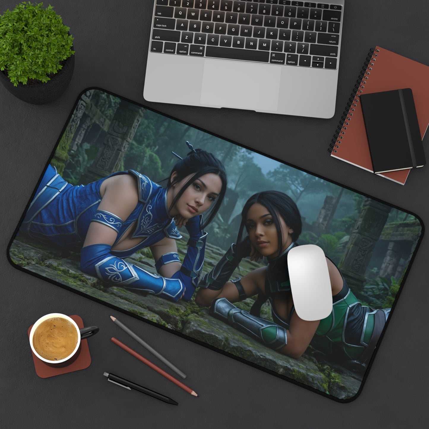 Kitana and Jade Gaming Mouse Pad, Mortal Kombat Desk Mat, Edenian Fighters Setup featuring high-def artwork of Kitana and Jade on desk mat