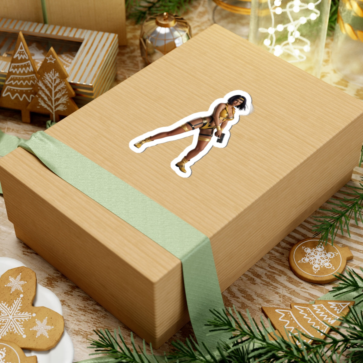Faye Valentine Sticker – Anime Vinyl Sticker for Laptops & Indoor Decor on kraft gift box, glossy durable vinyl, vibrant detail and strong adhesive