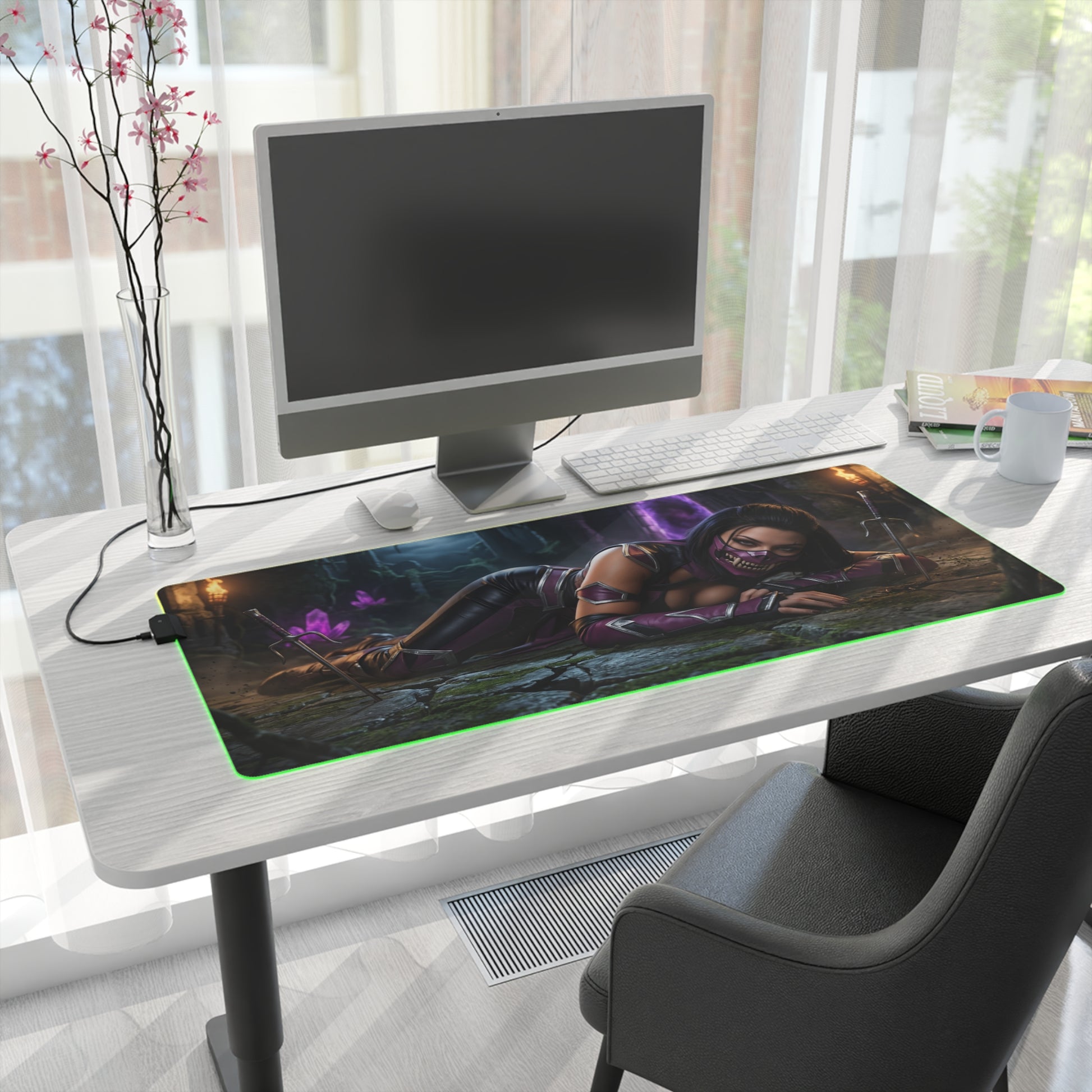 Mileena Desk Mat – LED RGB Pad, Waifu Fighter Anime Girl Setup on modern white desk with gaming PC and green RGB edge