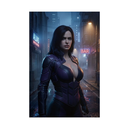 Jessica Jones Poster, Marvel Wall Art Print – Dark Hero Decor - moody urban night portrait of Jessica in purple armor for gamer rooms