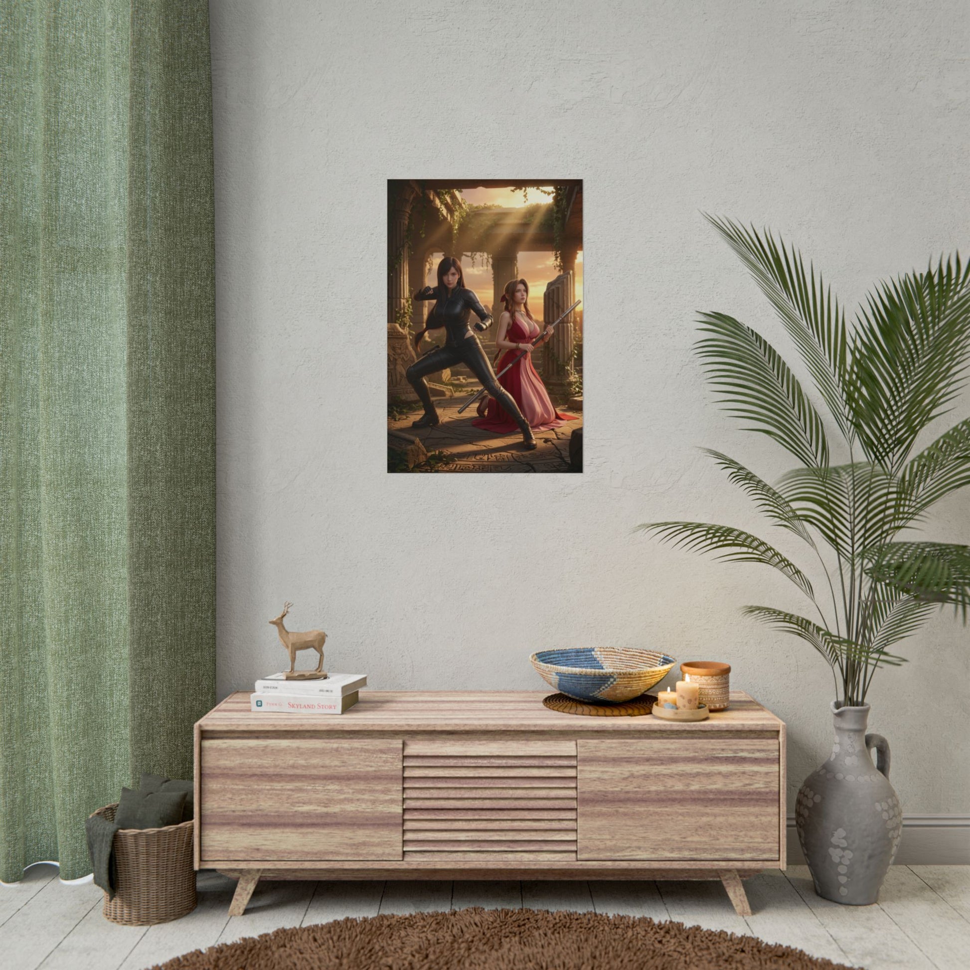Tifa and Aerith Poster, Final Fantasy Art Print – Iconic Duo displayed in a stylish gamer room wall decor scene