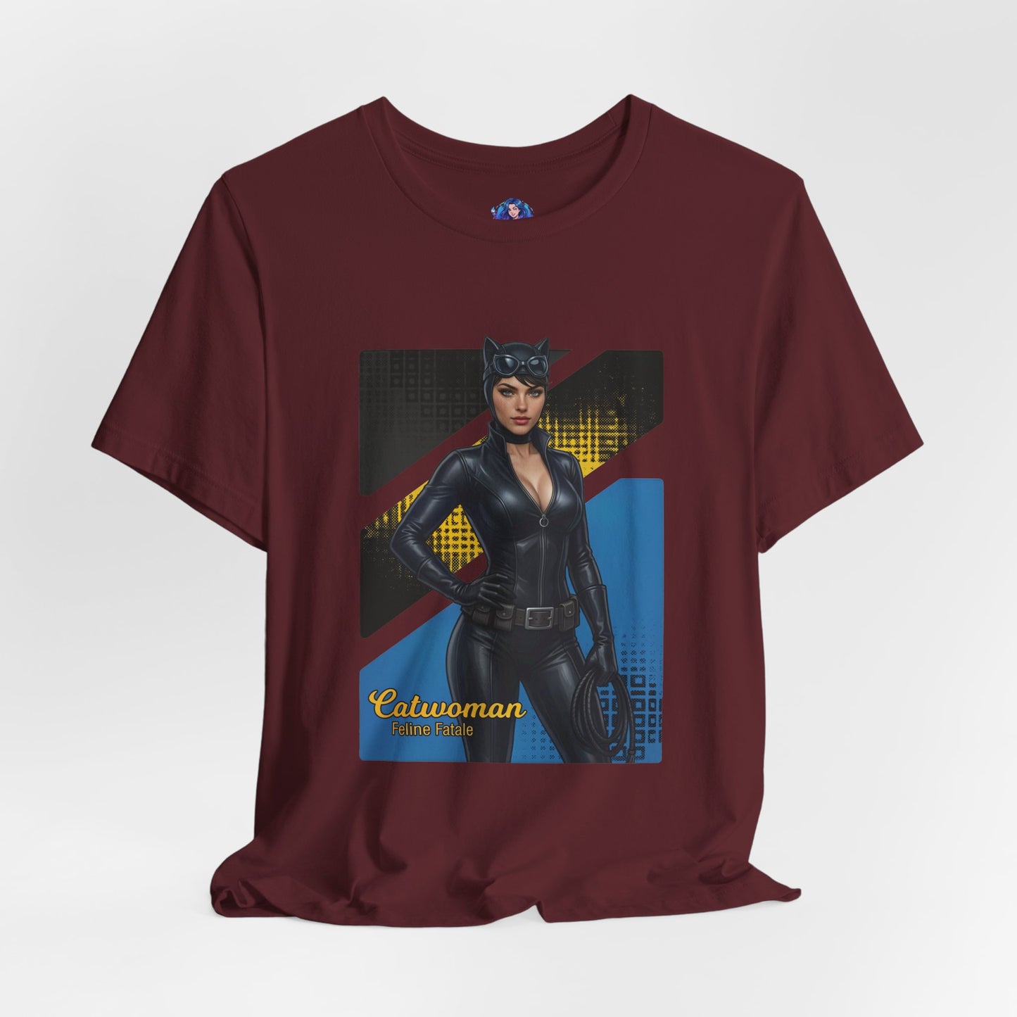 Catwoman T-Shirt | DC Comics Anime Tee for Gamers & Comic Fans - maroon Bella Canvas tee with anime-style Catwoman illustration