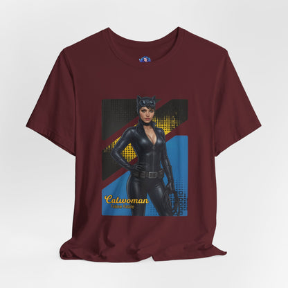 Catwoman T-Shirt | DC Comics Anime Tee for Gamers & Comic Fans - maroon Bella Canvas tee with anime-style Catwoman illustration