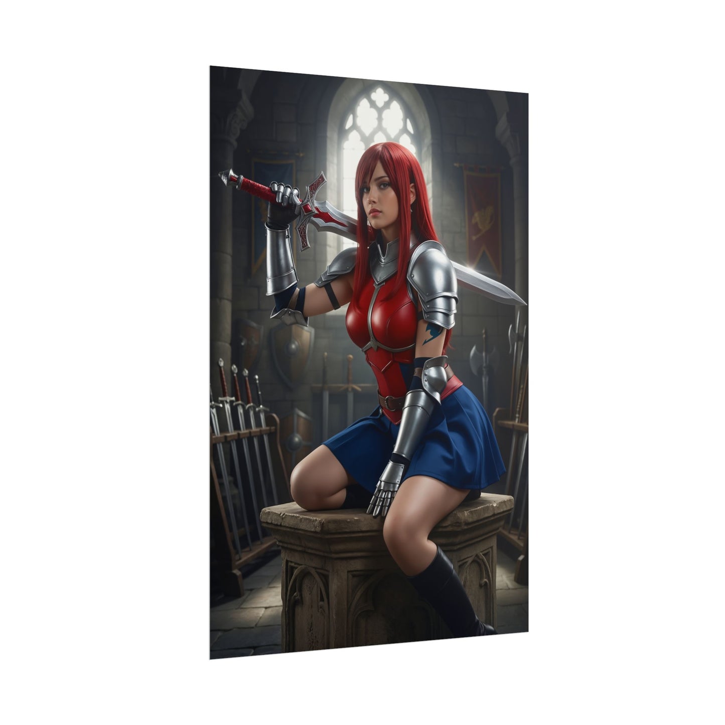 Erza Scarlet Poster, Fairy Tail Art Print, Iconic Armor Warrior Wall Decor featuring armored Erza with sword in gothic hall