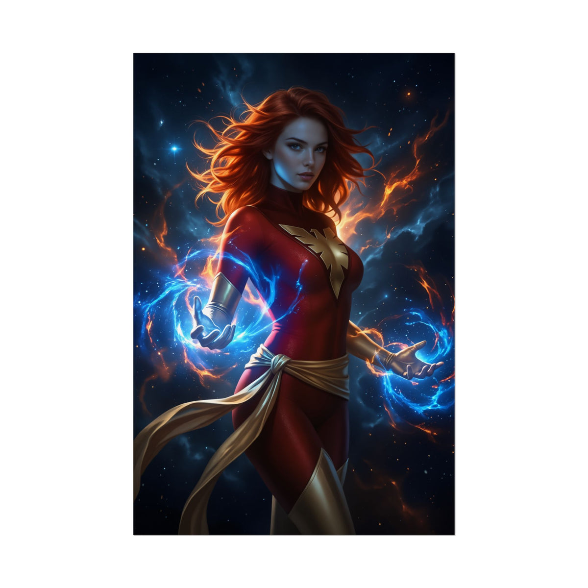 Jean Grey Poster, Marvel Art Print  Iconic Mutant Heroine Wall Art featuring fiery red-haired Jean Grey with cosmic energy and vivid ultra-high resolution detail