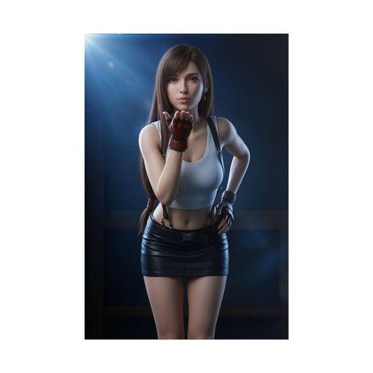 Tifa Lockhart Final Fantasy Poster – Iconic RPG Heroine Wall Art showcasing Tifa in white tank top and black mini skirt, high-res collectible poster