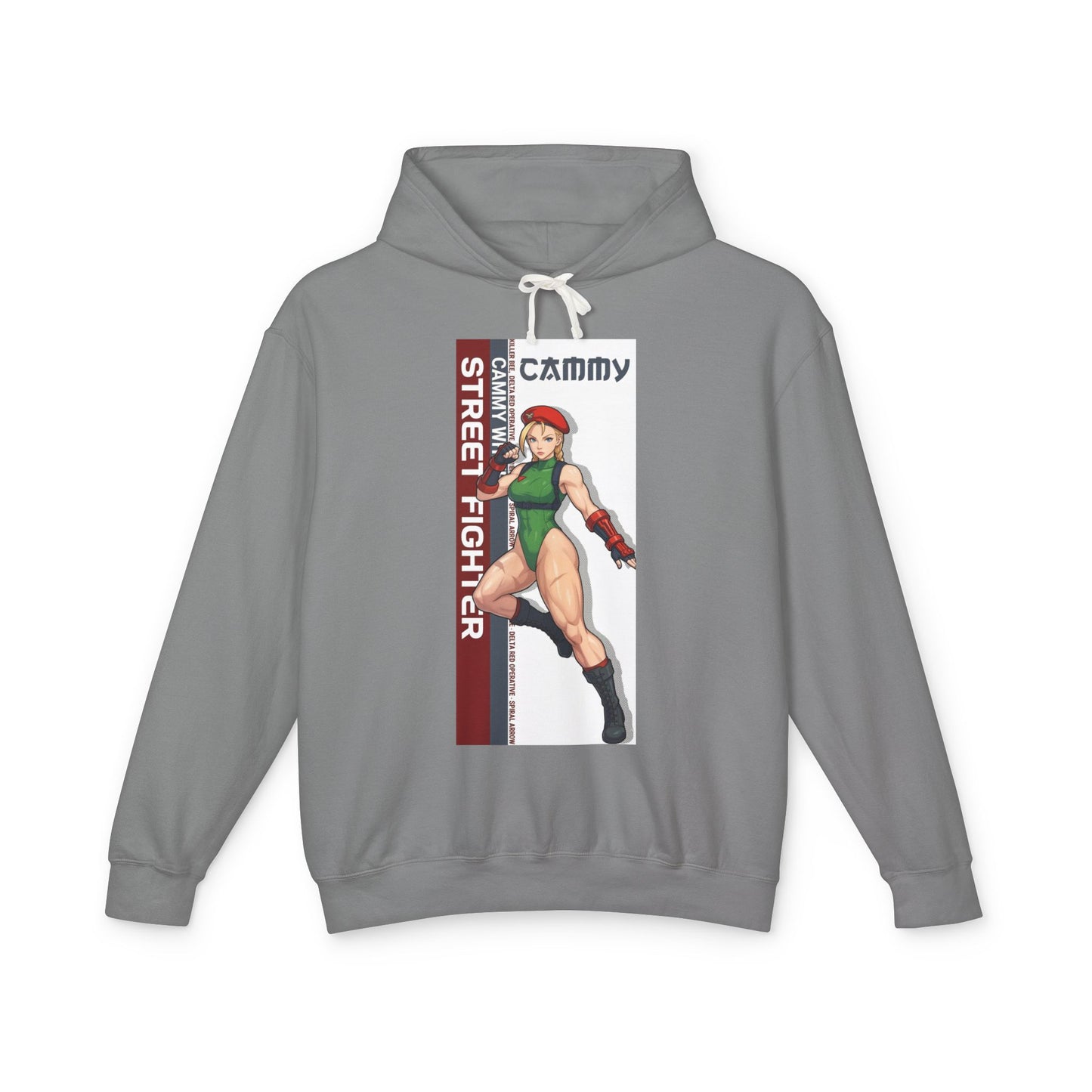 Cammy Hoodie | Street Fighter Hoodie | Anime Fighter Girl Pullover - gray pullover with vertical Cammy anime graphic