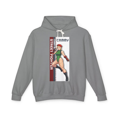 Cammy Hoodie | Street Fighter Hoodie | Anime Fighter Girl Pullover - gray pullover with vertical Cammy anime graphic