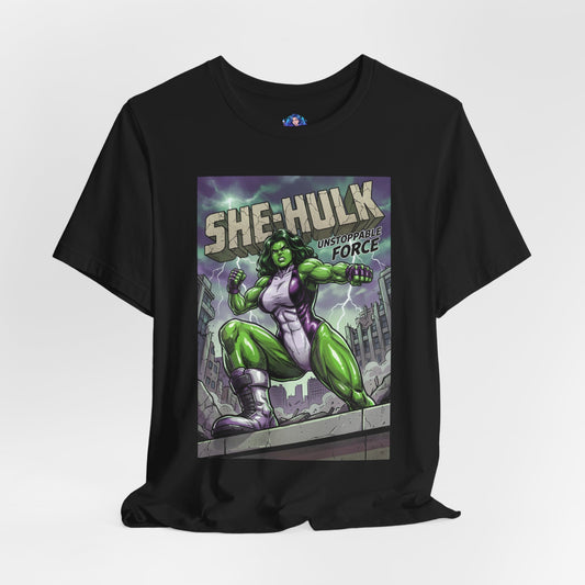 She-Hulk T-Shirt | Marvel Comics Anime Tee for Gamers & Fans - comic-style green She-Hulk pose on premium Bella Canvas tee