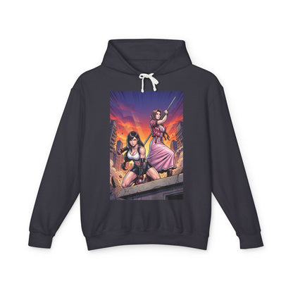 Tifa & Aerith Hoodie | Final Fantasy Heroine Hoodie | Legendary Duo Pullover - black hoodie with dynamic Tifa and Aerith streetwear illustration