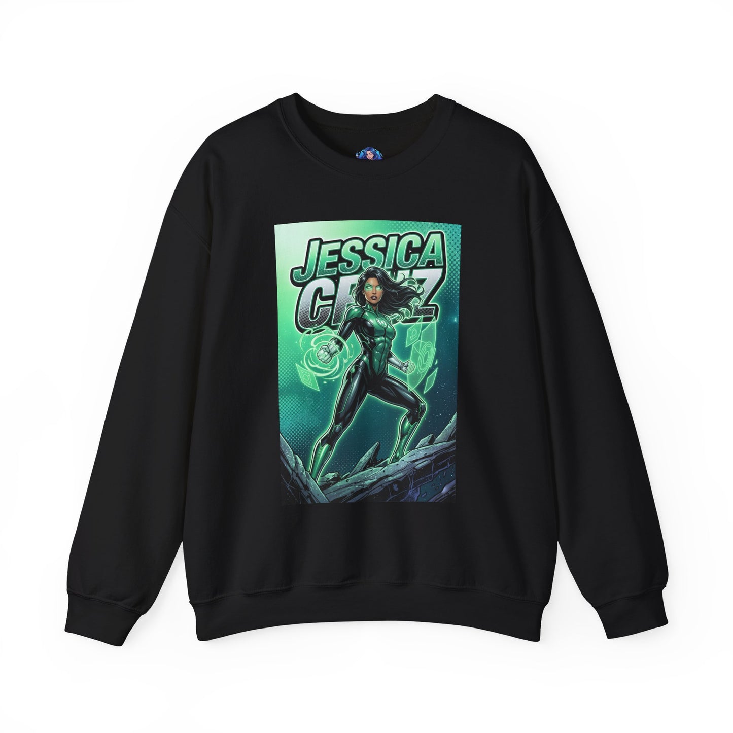 Jessica Cruz Sweatshirt, DC Comics Crewneck, Green Lantern Fan Apparel - black crewneck featuring Jessica Cruz with glowing green energy artwork