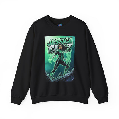 Jessica Cruz Sweatshirt, DC Comics Crewneck, Green Lantern Fan Apparel - black crewneck featuring Jessica Cruz with glowing green energy artwork