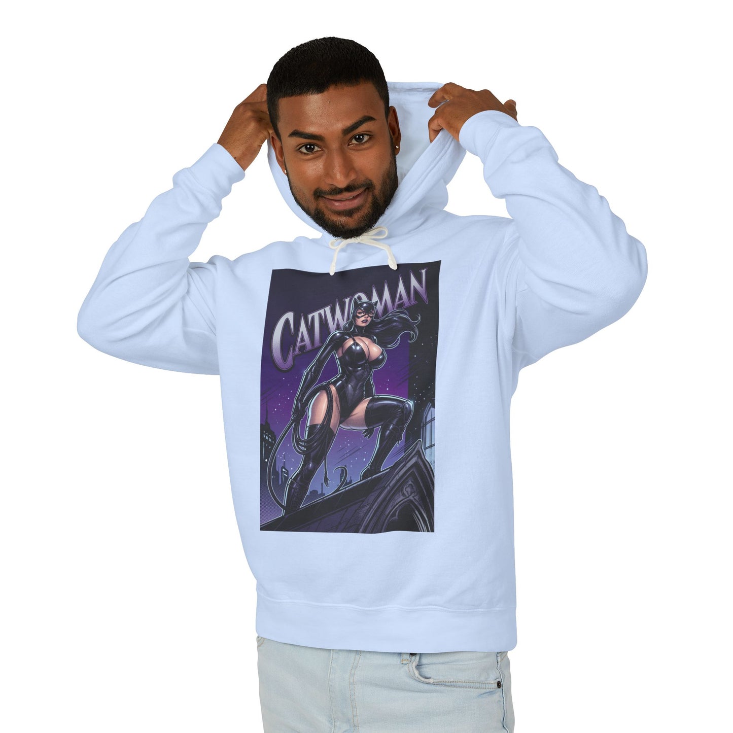 Model wearing a light hoodie featuring Catwoman Hoodie | DC Anti-Hero Hoodie | Gotham Thief Pullover graphic on a rooftop pose
