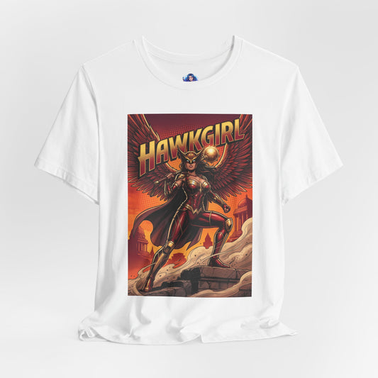 Hawkgirl T-Shirt | DC Comics Anime Tee for Gamers & Fans front view showing Hawkgirl in battle stance with wings spread on Bella Canvas white tee