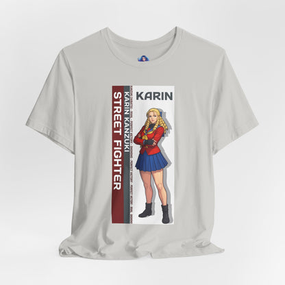 Karin Kanzuki T-Shirt | Street Fighter Anime Tee for Gamers & Fighting Game Fans - anime-style Karin pose on Bella Canvas tee