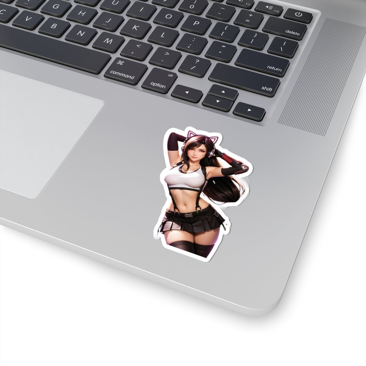 Tifa Lockhart Sticker – Fantasy Game Vinyl Sticker for Laptops & Indoor Decor applied on a laptop keyboard.