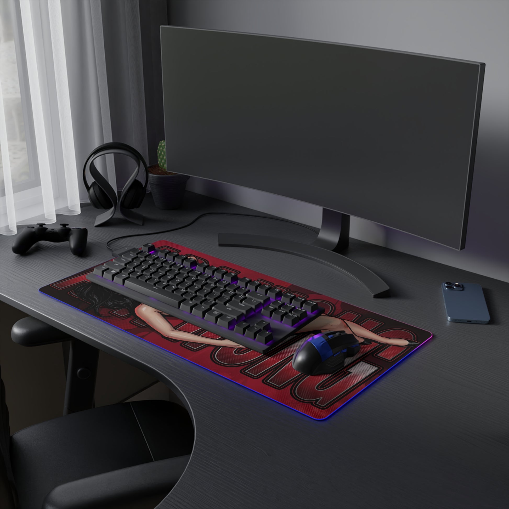 Ada Wong RGB Desk Mat, Resident Evil Gaming Mouse Pad, LED Desk Mat for Gamer Setup on black gaming desk with keyboard and RGB mouse