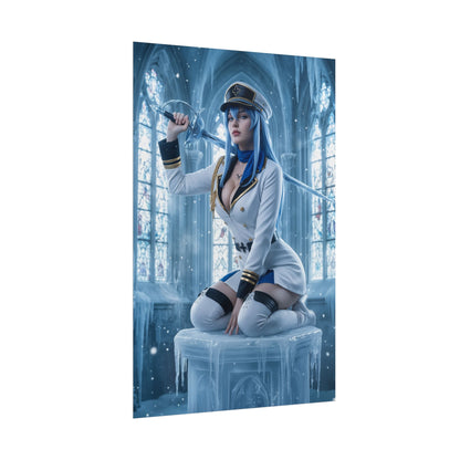 Esdeath Poster, Akame ga Kill Art Print, Iconic Ice General Wall Decor featuring commanding Esdeath cosplay in icy cathedral scene