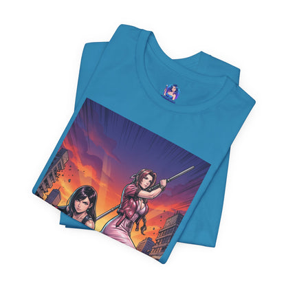Tifa Lockhart and Aerith Gainsborough T-Shirt | Final Fantasy Duo Anime Tee — blue tee with dynamic anime illustration of Tifa and Aerith in urban battle