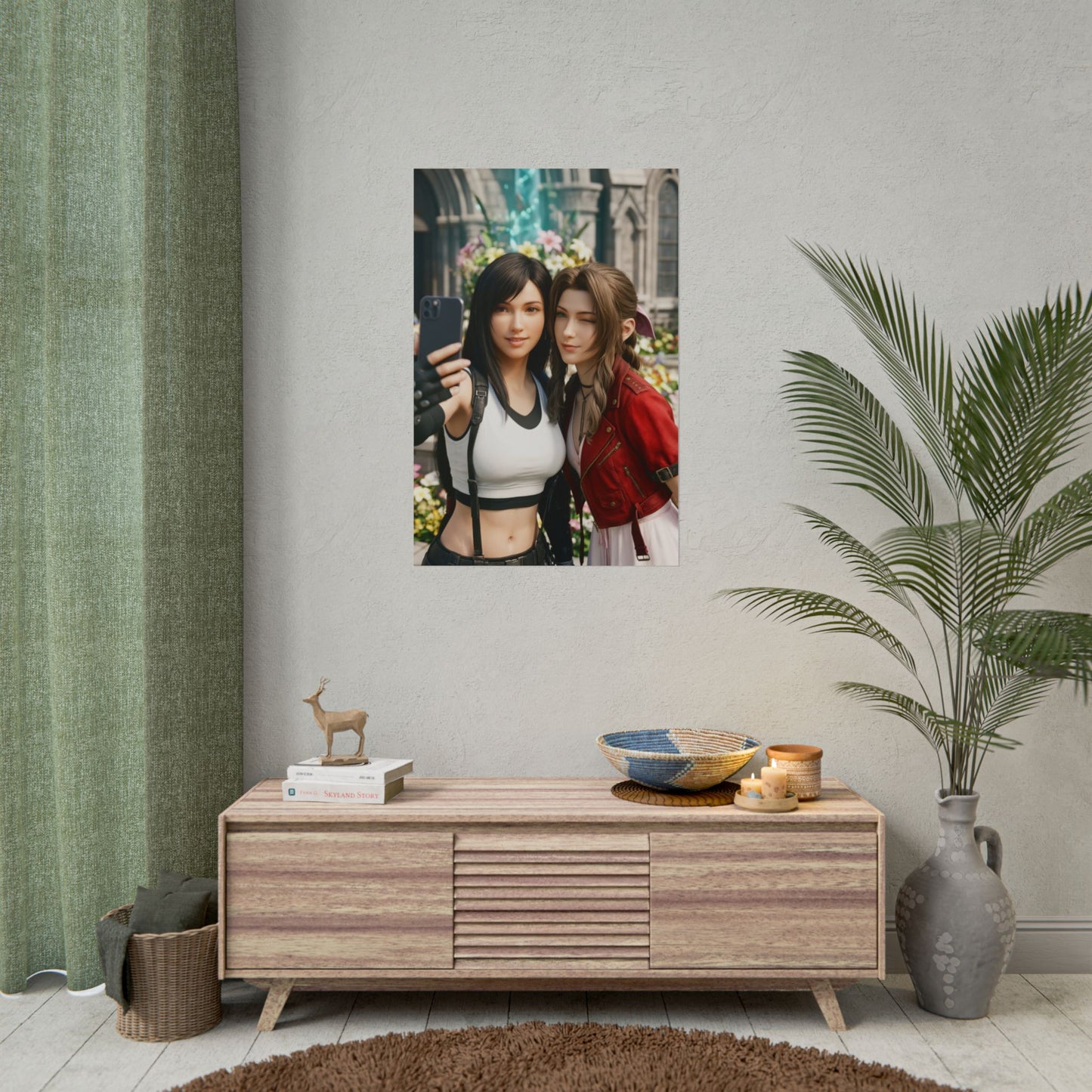 Tifa and Aerith Final Fantasy Poster – Iconic RPG Heroines Wall Art, high-res semi-gloss print displayed in modern living room