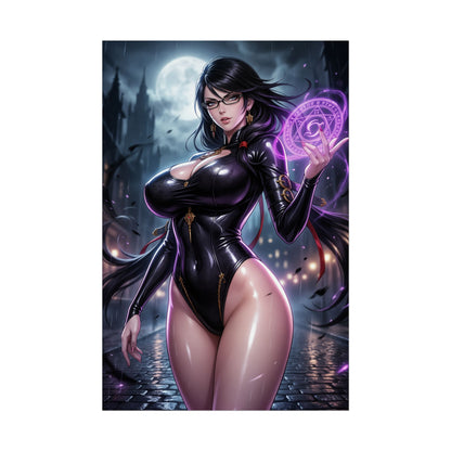 Bayonetta Poster Hexe Actionspiel Wandkunst Schwarzhaarige Frau Druck Gewehr Absätze Charakter Gaming Zimmer Deko Geschenk