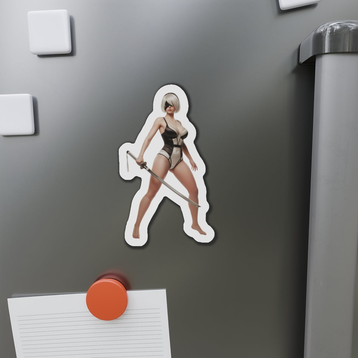 2B Magnet – NieR Automata Anime Heroine Fridge Magnet, Game Decor — die-cut vinyl magnet of 2B on a fridge, high-resolution anime-style game decor