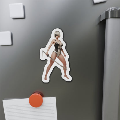 2B Magnet – NieR Automata Anime Heroine Fridge Magnet, Game Decor — die-cut vinyl magnet of 2B on a fridge, high-resolution anime-style game decor