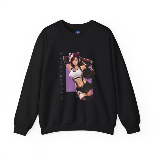 Tifa Lockhart Sweatshirt, FF7 Heroine Crewneck, Premium Gaming Streetwear for Collectors featuring bold high-contrast Tifa illustration on black crewneck