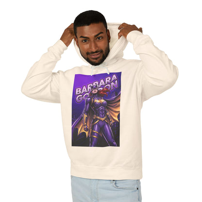 Batgirl Hoodie | DC Superhero Hoodie | Gotham Vigilante Pullover - cream hoodie with purple-and-gold Batgirl graphic on model