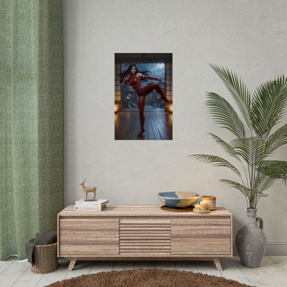 Elektra Poster, Marvel Art Print – Dark Superhero Wall Decor featuring Elektra in red suit over modern living room display