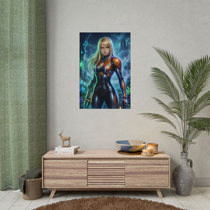 Samus Aran Sci Fi Armor Girl Poster Space Bounty Hunter Wall Art Futuristic Woman Print Gaming Room Decor Gift